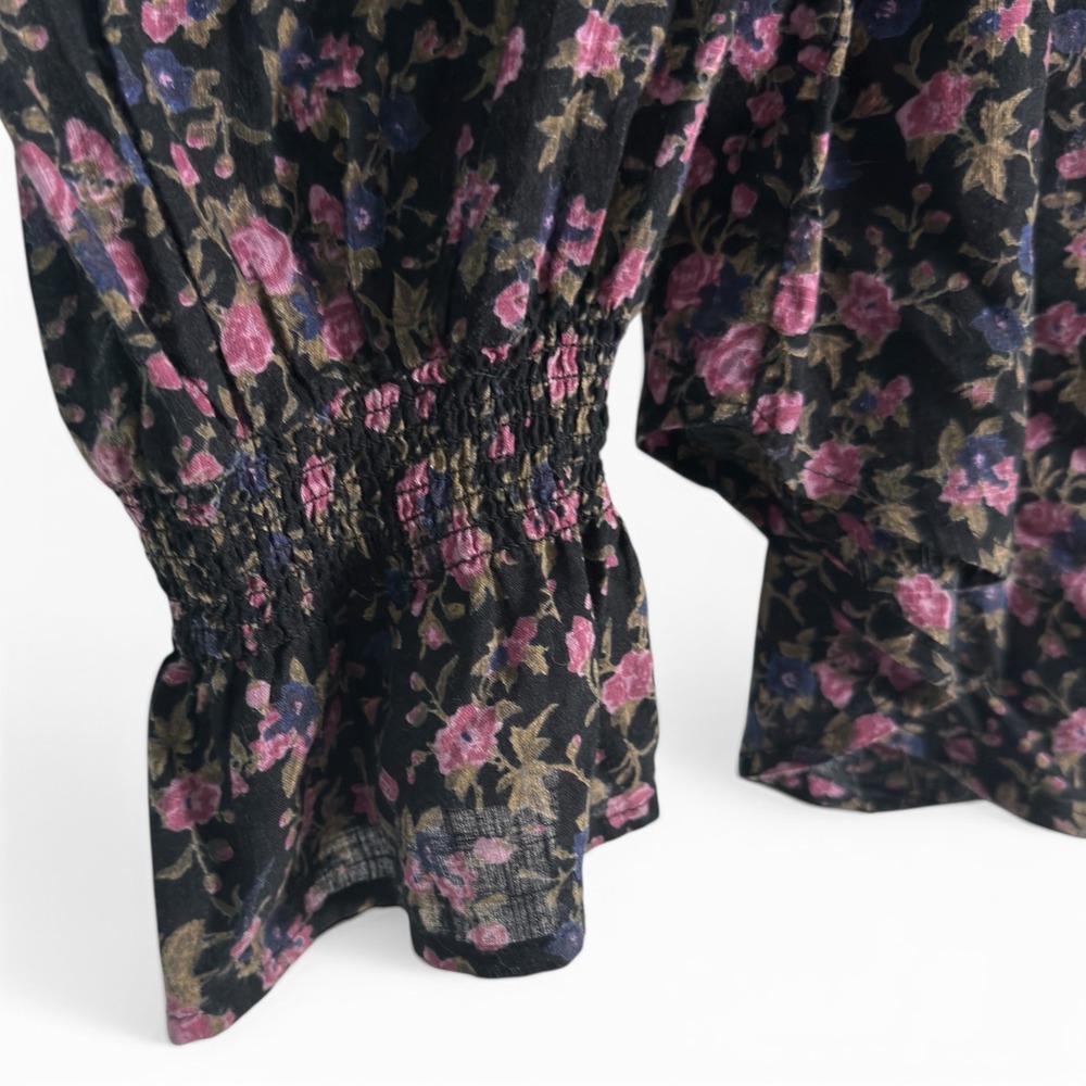 Free People‎ Meant To Be Floral Black Pink Women Large Puffy Sleeve Boho Top - Picture 4 of 9